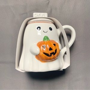 Halloween Ghost Holding Pumpkin Mug with Topper